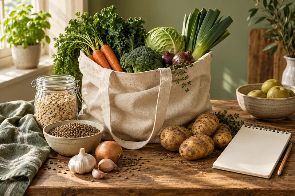 Borsa della spesa con verdure, avena, lenticchie e patate