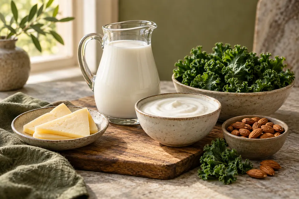 Latte, yogurt, formaggio, cavolo e mandorle