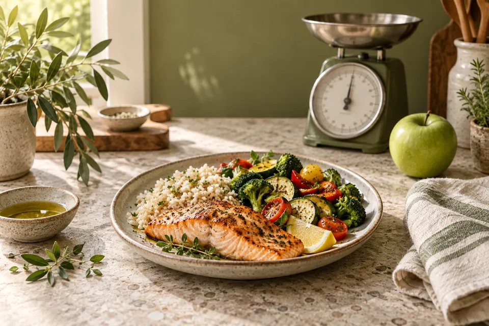 Piatto di salmone, riso e verdure accanto a una bilancia da cucina
