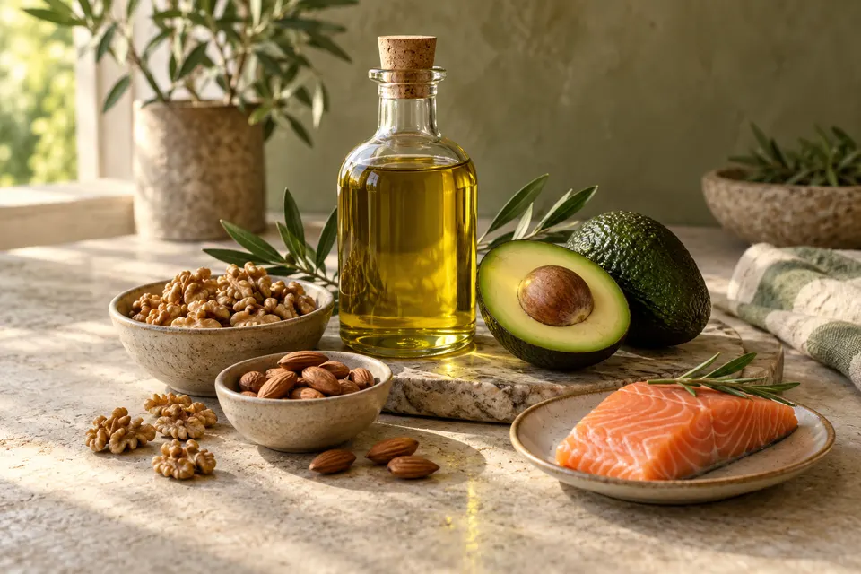 Olio di oliva, noci, mandorle, avocado e salmone