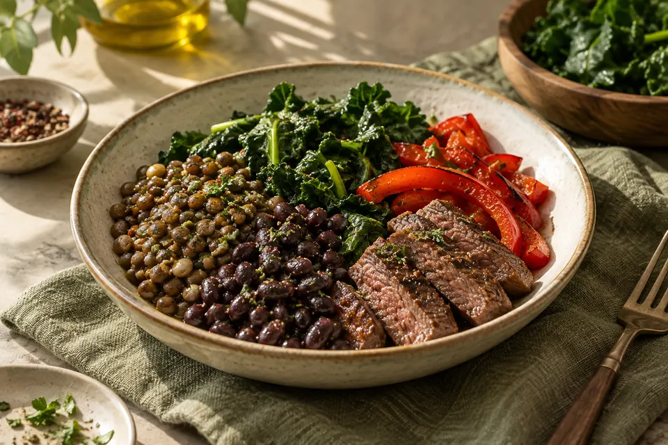 Lenticchie, fagioli, verdure e carne cotta