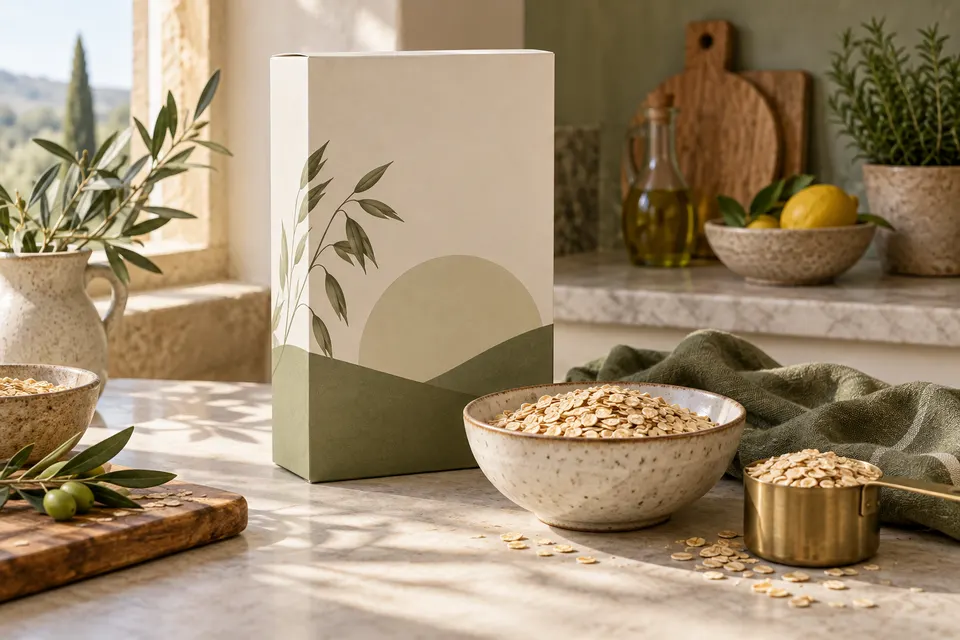 Confezione senza marca e ciotola di avena