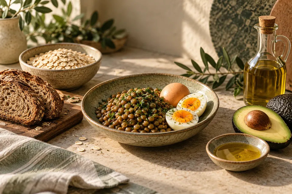 Lenticchie, uova, pane integrale, avocado e olio