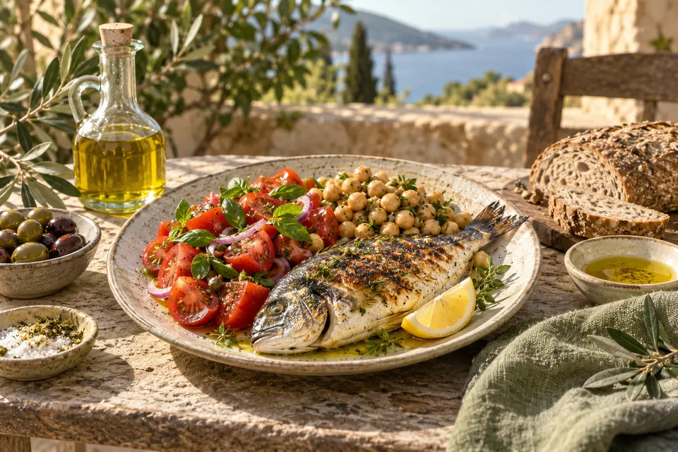 Pranzo mediterraneo con pesce, ceci, pomodori e pane