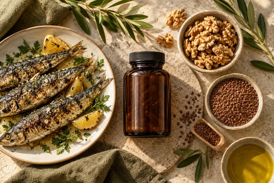 Sardine, noci, semi di lino e flacone senza etichetta