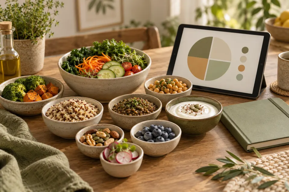 Alimenti diversi accanto a un tablet con un grafico illustrativo