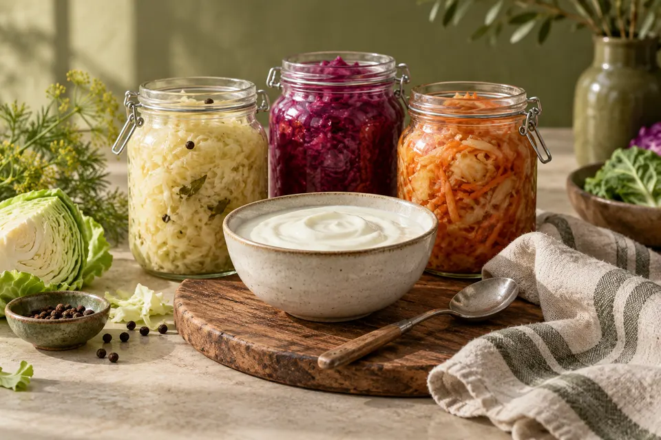 Yogurt e vasetti di verdure fermentate