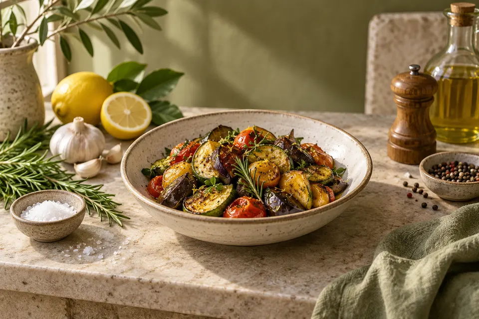 Verdure cotte, erbe aromatiche e una piccola ciotola di sale