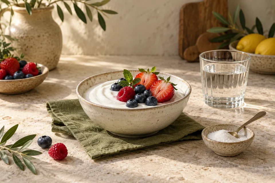 Yogurt con frutti di bosco e un cucchiaio di zucchero