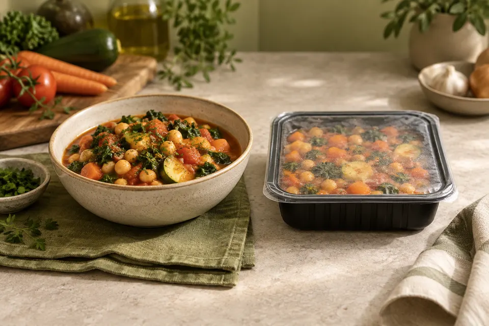 Stufato di verdure e vaschetta di pasto confezionato