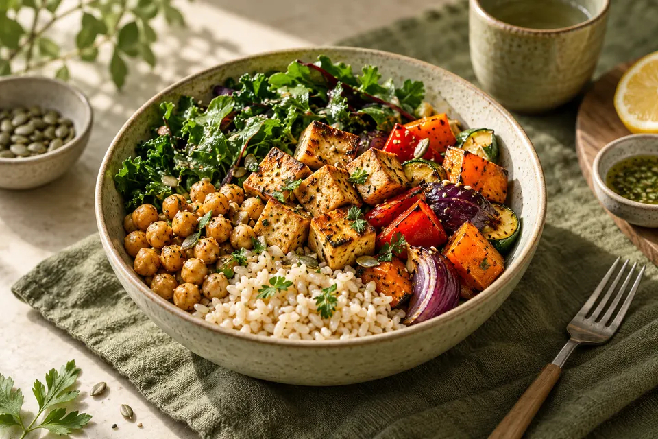 Ciotola vegetariana con tofu, riso, legumi e verdure