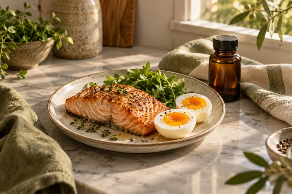 Salmone, uovo e flacone senza etichetta