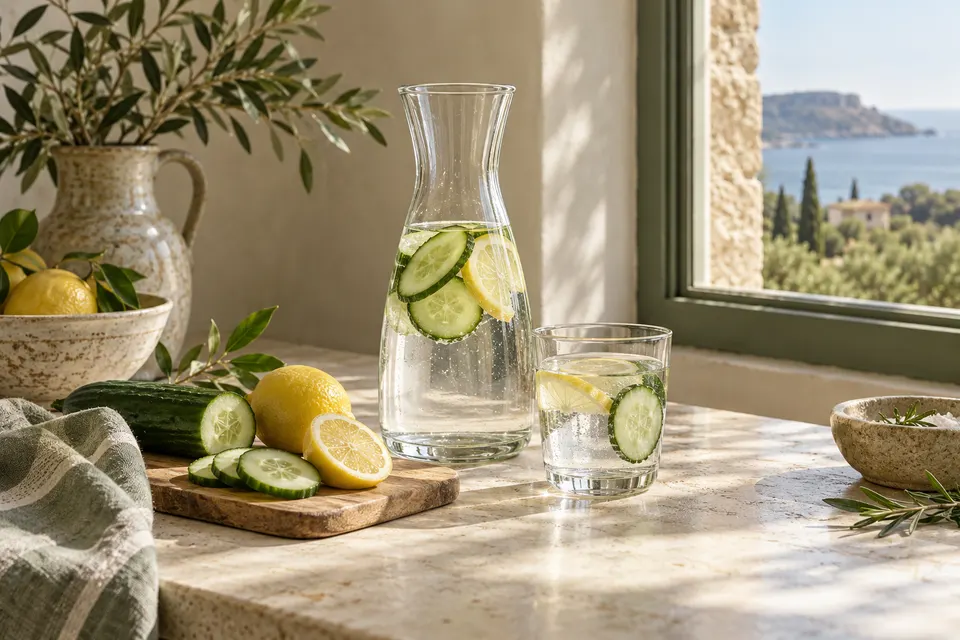 Caraffa e bicchiere di acqua con limone e cetriolo