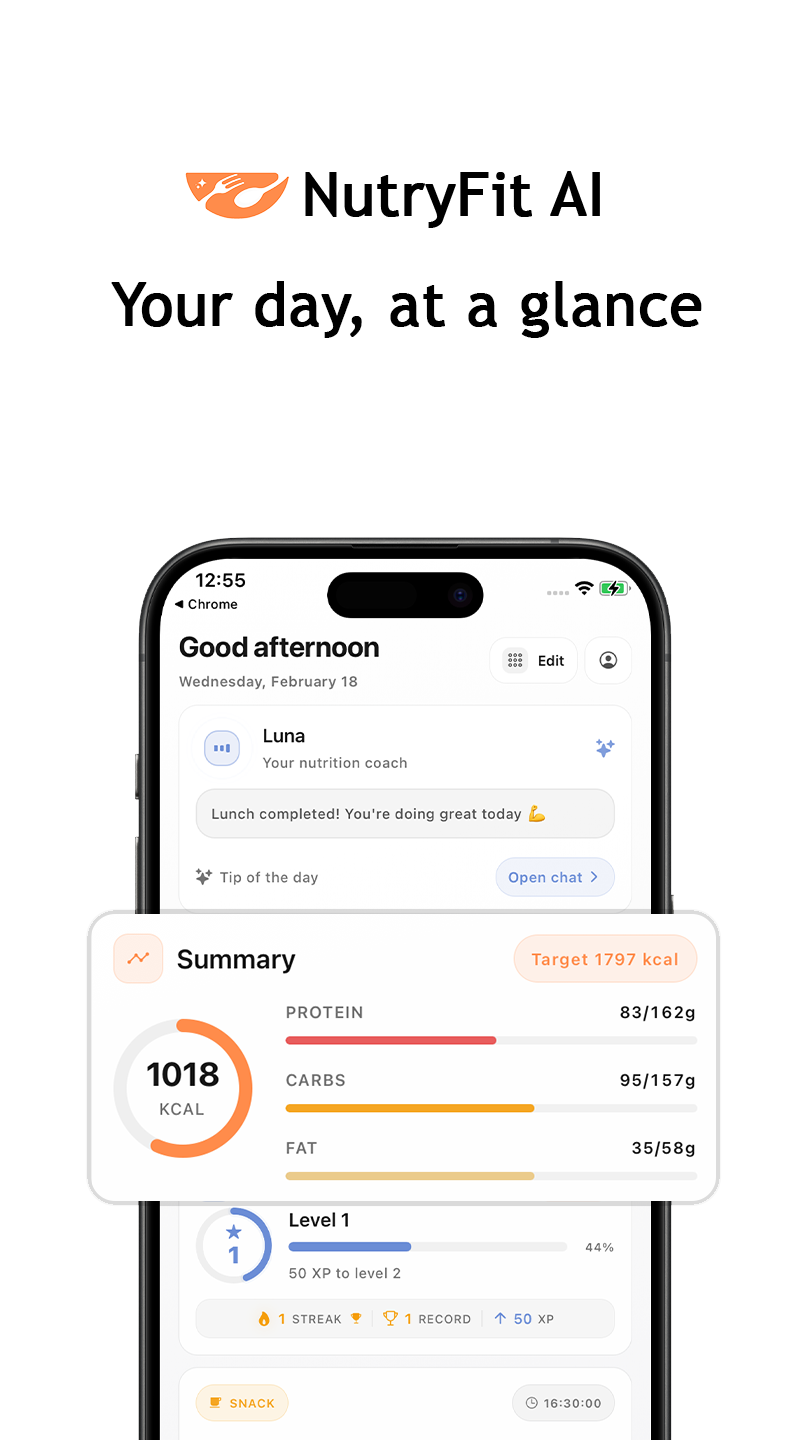 Nutryfit AI home — your day at a glance with calories, macros and the Luna coach