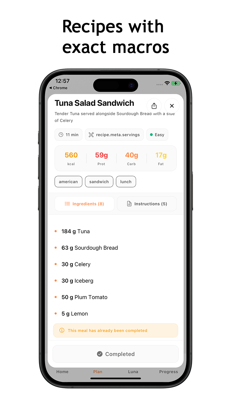 Recipe detail with exact macros and ingredients